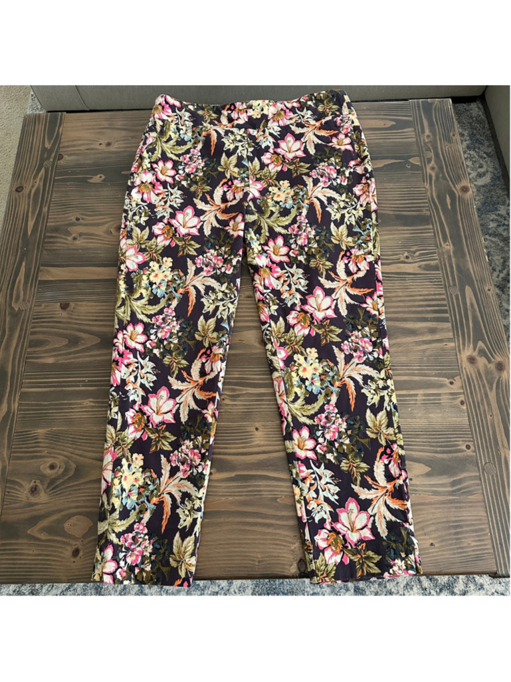 Soft Surroundings Floral Ankle Pants Womens L Brown Pink Stretch Crop
